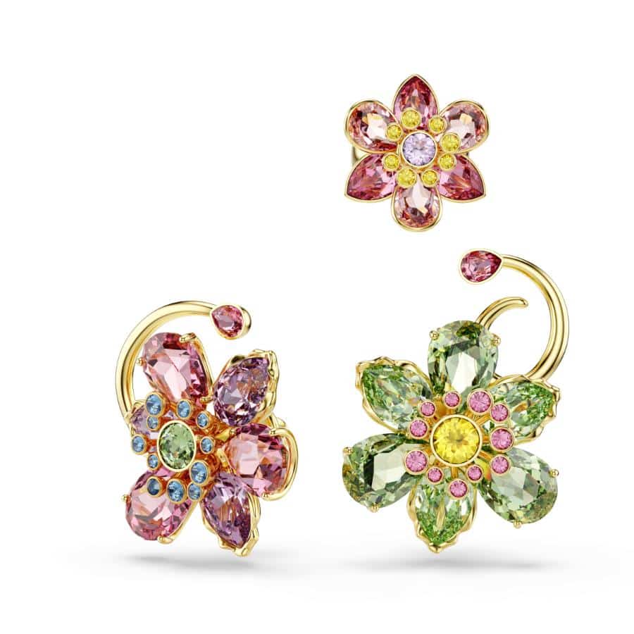 Swarovski Idyllia ear cuff set with three asymmetrical gold-tone plated earrings featuring multicolored mixed cuts and floral design.