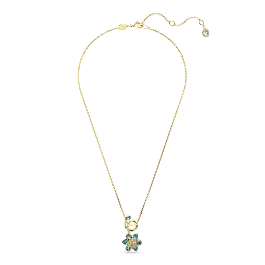 Swarovski Idyllia pendant with mixed cut blue flower design in gold-tone plating, elegant jewelry accessory.