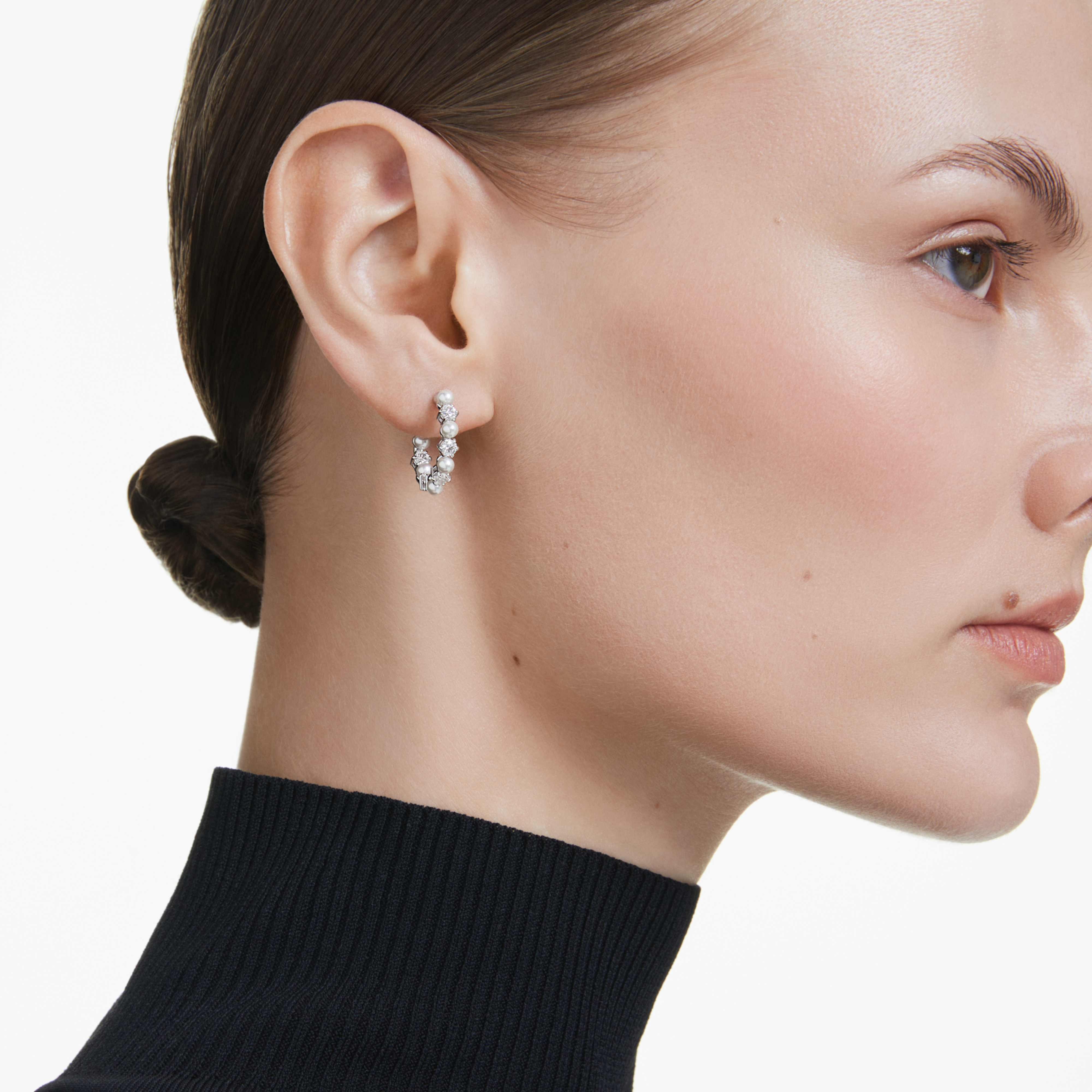 Swarovski Matrix hoop earrings with crystal pearl accents, round cut white stones, rhodium-plated jewelry accessory