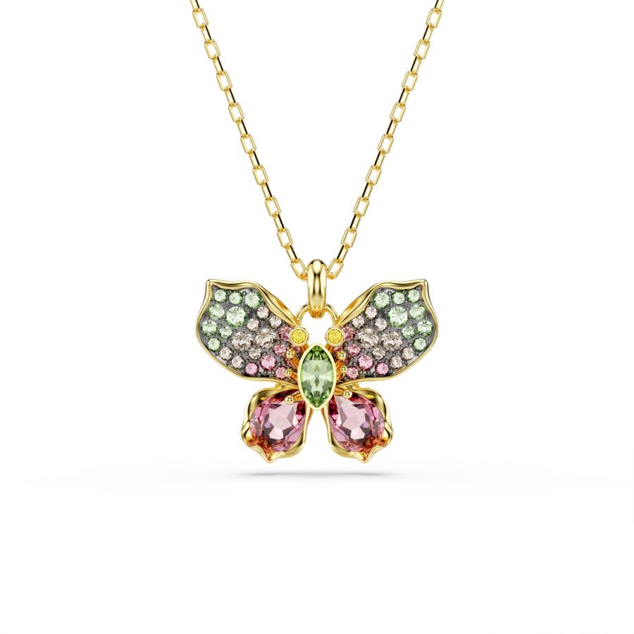 Swarovski Idyllia pendant with mixed cuts and pavé butterfly design in multicolored crystals and mixed metal finish.