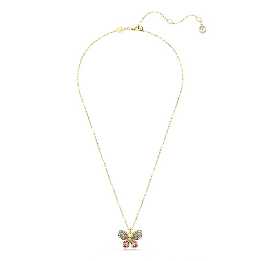 Swarovski Idyllia butterfly pendant with multicolored mixed cuts, pavé accents, and mixed metal finish, showcasing intricate gemstone details.