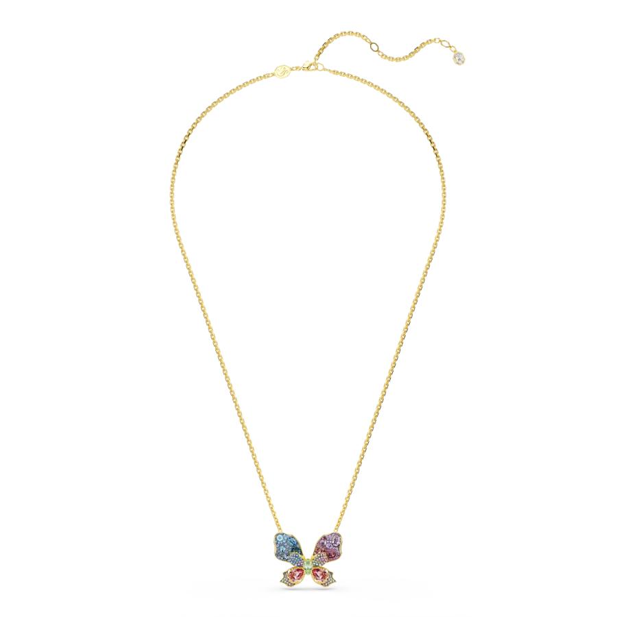 Swarovski Idyllia pendant and brooch set with multicolored butterfly design, mixed cuts, pavé details, and mixed metal finishes.