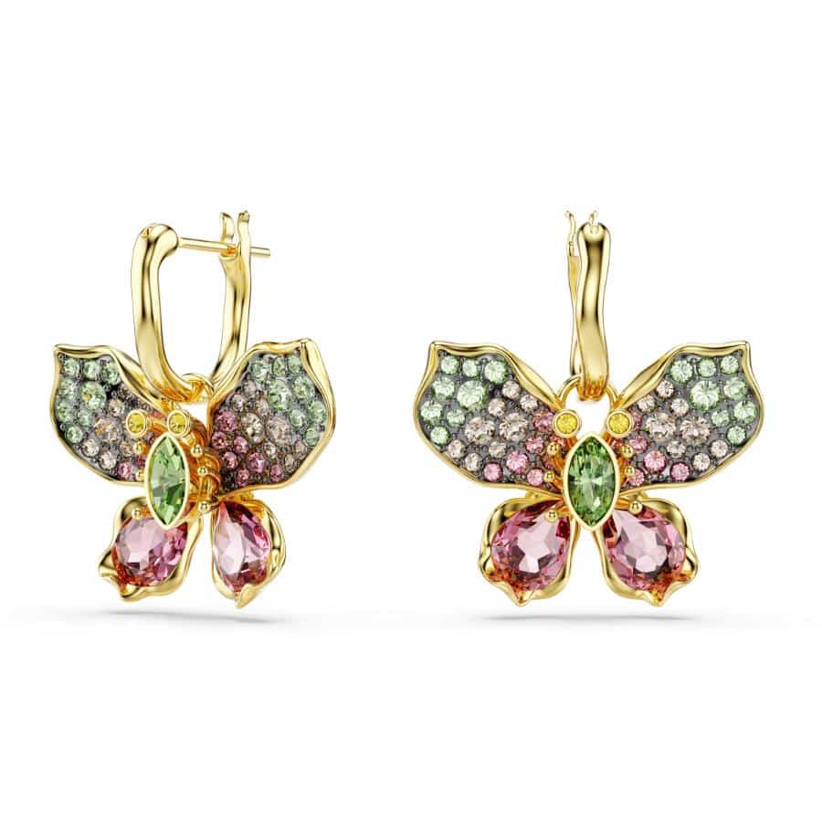 Swarovski Idyllia drop earrings with mixed cuts, pavé design, butterfly detail, multicolored stones, and mixed metal finish.