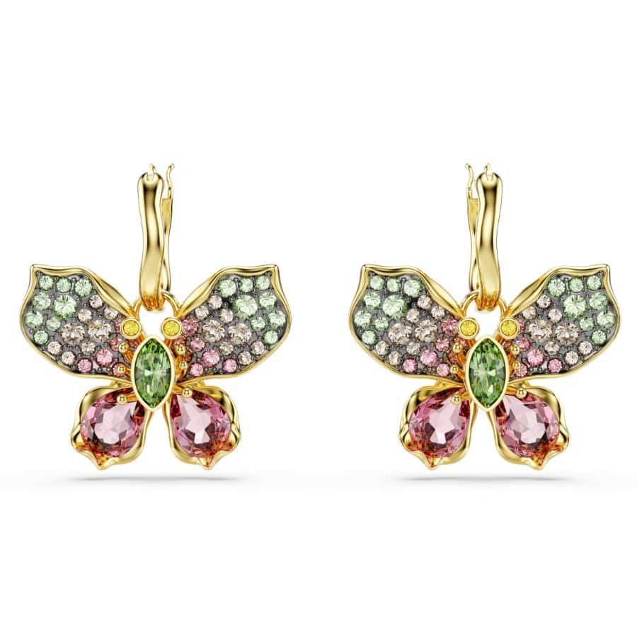 Swarovski Idyllia drop earrings with mixed cuts, pavé details, butterfly design, multicolored stones, and mixed metal finishes.