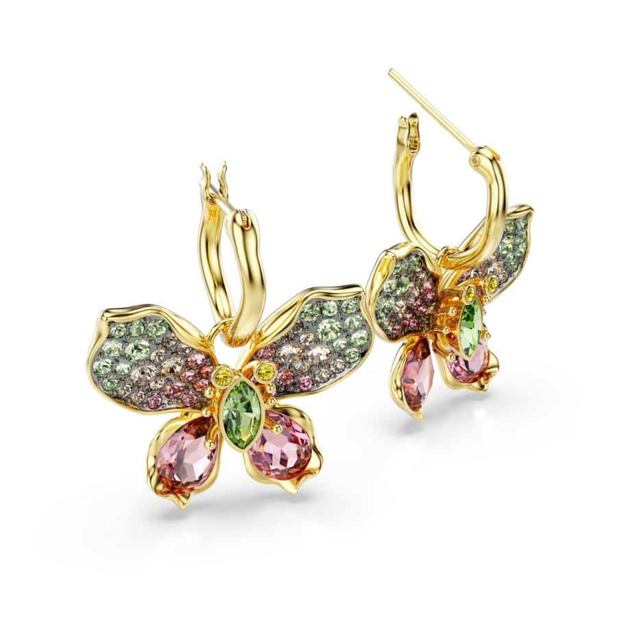 Swarovski Idyllia drop earrings with multicolored crystals, mixed cuts, pavé setting, butterfly design, and mixed metal finish.