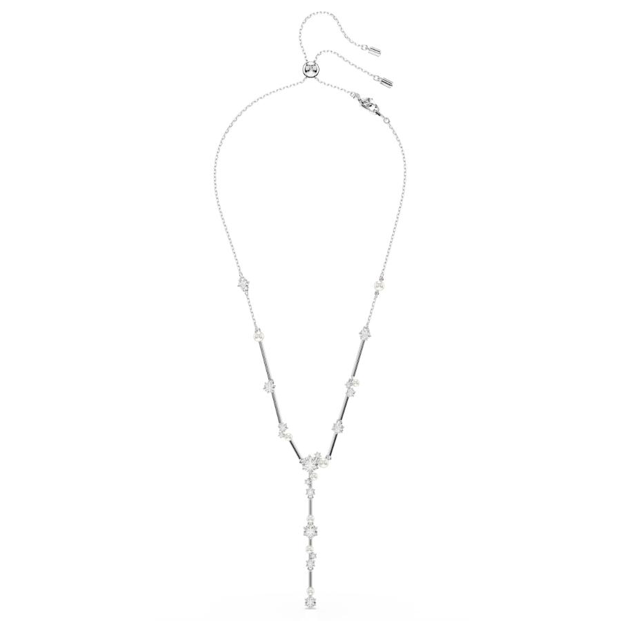 Swarovski Constella Y necklace with white crystal pearls and round cut crystals, rhodium-plated, elegant jewelry design