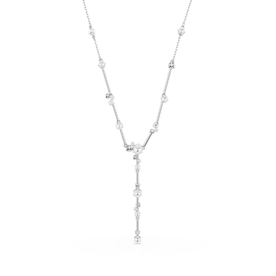 Swarovski Constella Y Necklace with crystal pearl and round cuts, white Swarovski crystals, rhodium-plated jewelry.