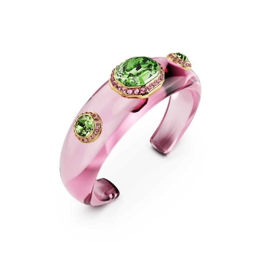 Swarovski Dulcis cuff bracelet with multicolored mixed-cut crystals and gold-tone plating, stylish and elegant jewelry accessory.