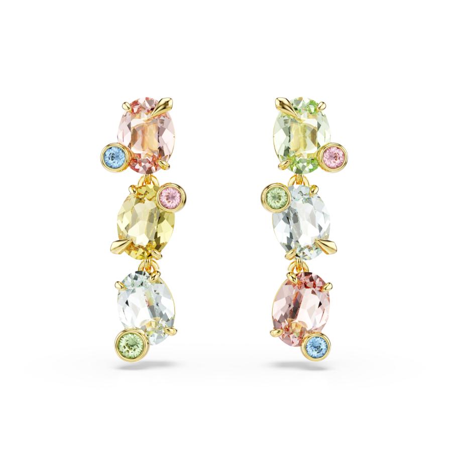 Swarovski Gema Drop Earrings with asymmetrical design, multicolored Swarovski crystals, gold-tone plating, and mixed cuts.