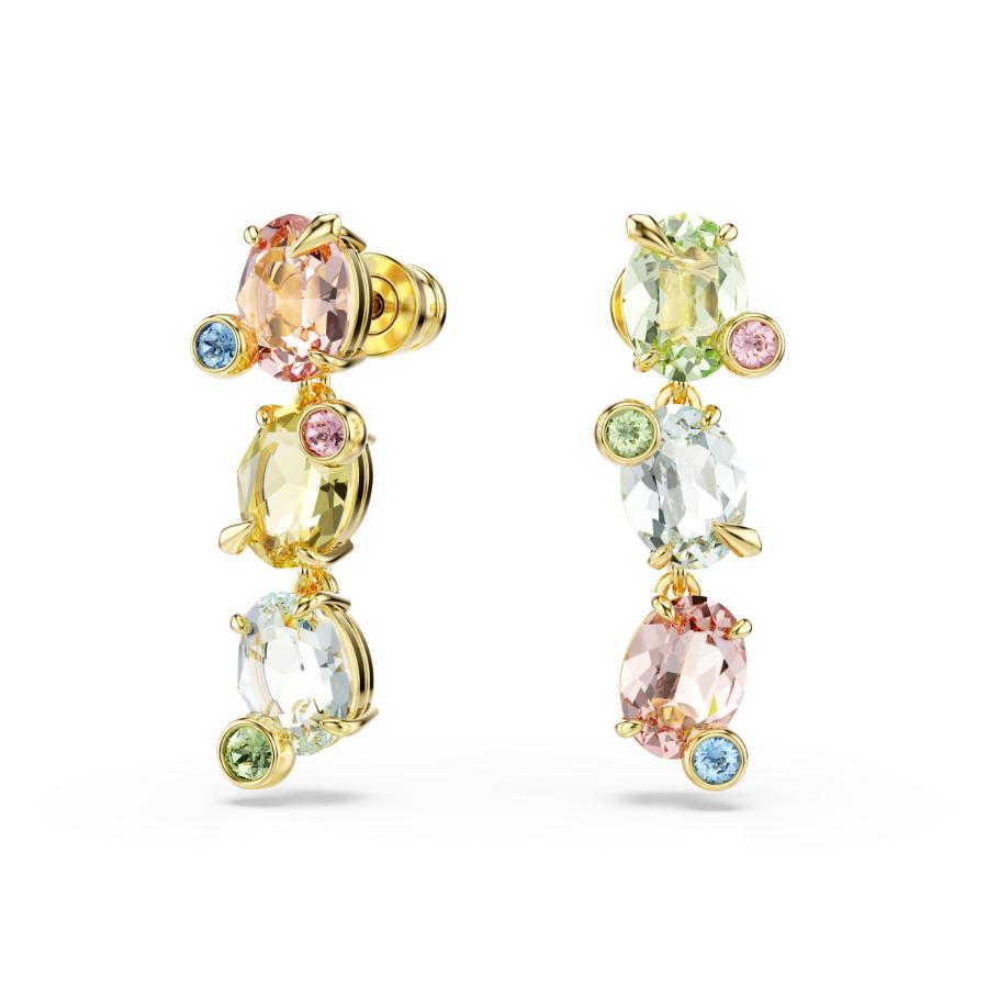 Swarovski Gema drop earrings with asymmetrical mixed-cut multicolored crystals in gold-tone plating