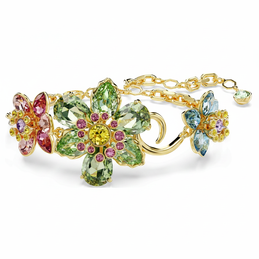 Swarovski Idyllia bracelet with multicolored flower design, mixed cut crystals, gold-tone plated jewelry piece