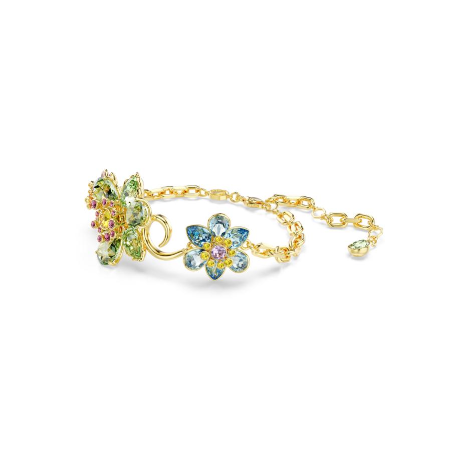 Swarovski Idyllia bracelet with multicolored flower-shaped crystals and gold-tone plating, featuring mixed cut gemstones.