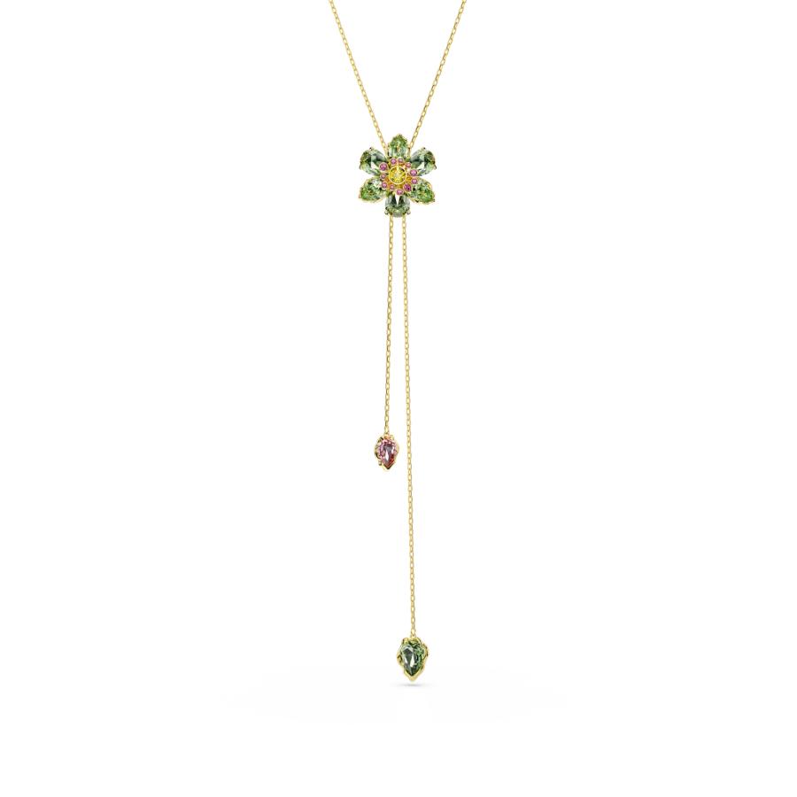 Swarovski Idyllia Y pendant with multicolored flower design, mixed cuts, gold-tone plating, elegant jewelry piece.