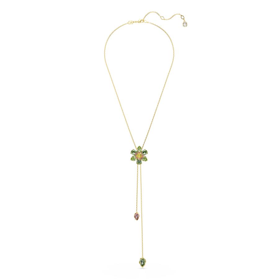 Swarovski Idyllia Y pendant with multicolored flower design, mixed cut crystals, gold-tone plated jewelry accessory.