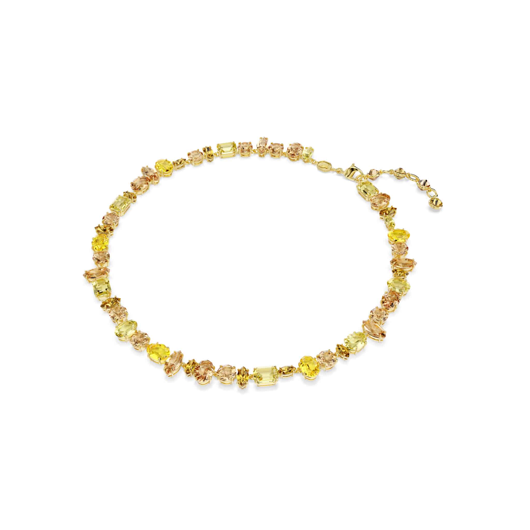 Swarovski Gema Tennis Necklace with mixed-cut yellow crystals, gold-tone plated, showcasing a sparkling, elegant jewelry piece.