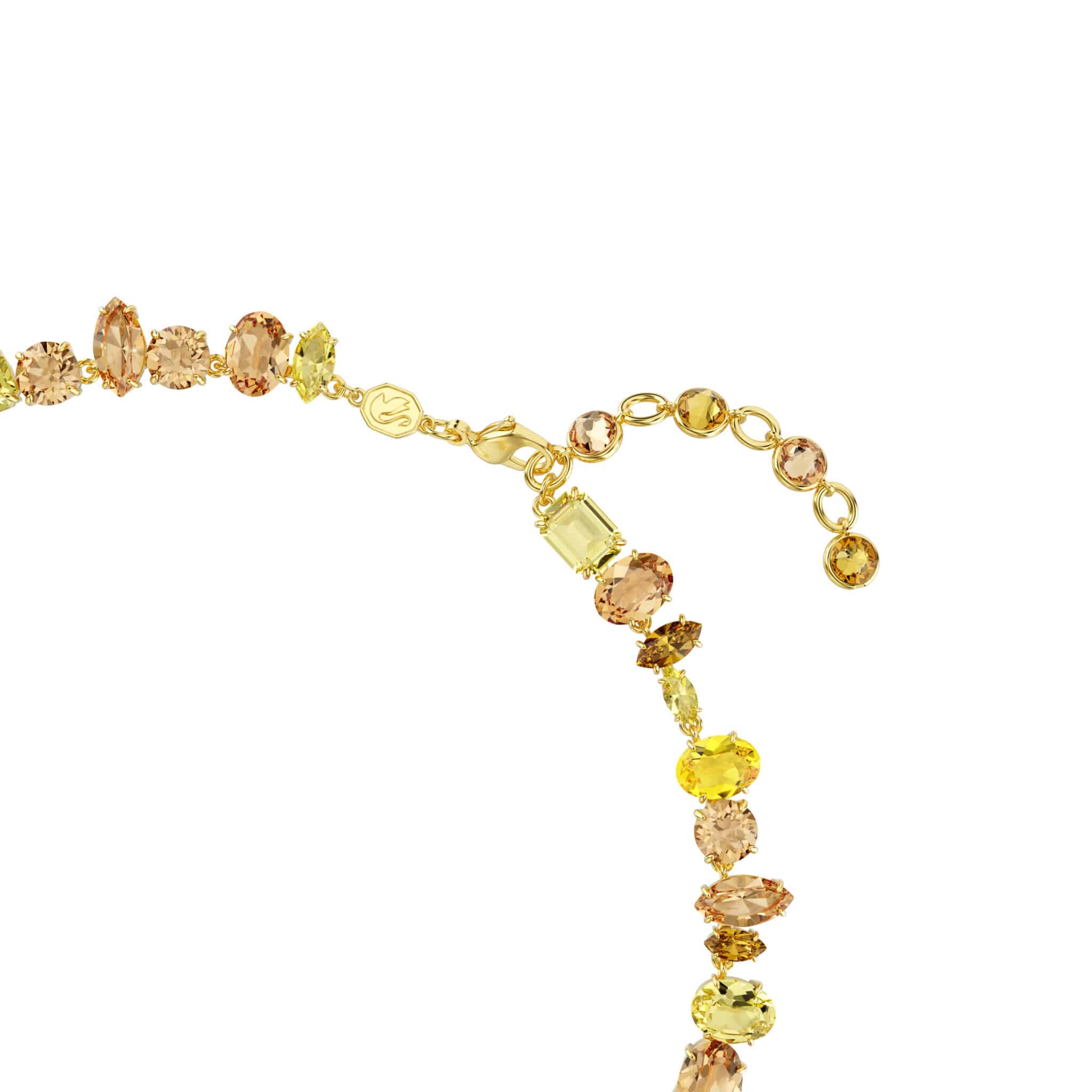 Swarovski Gema Tennis Necklace with mixed cut yellow crystals on gold-tone plated chain, elegant jewelry accessory.