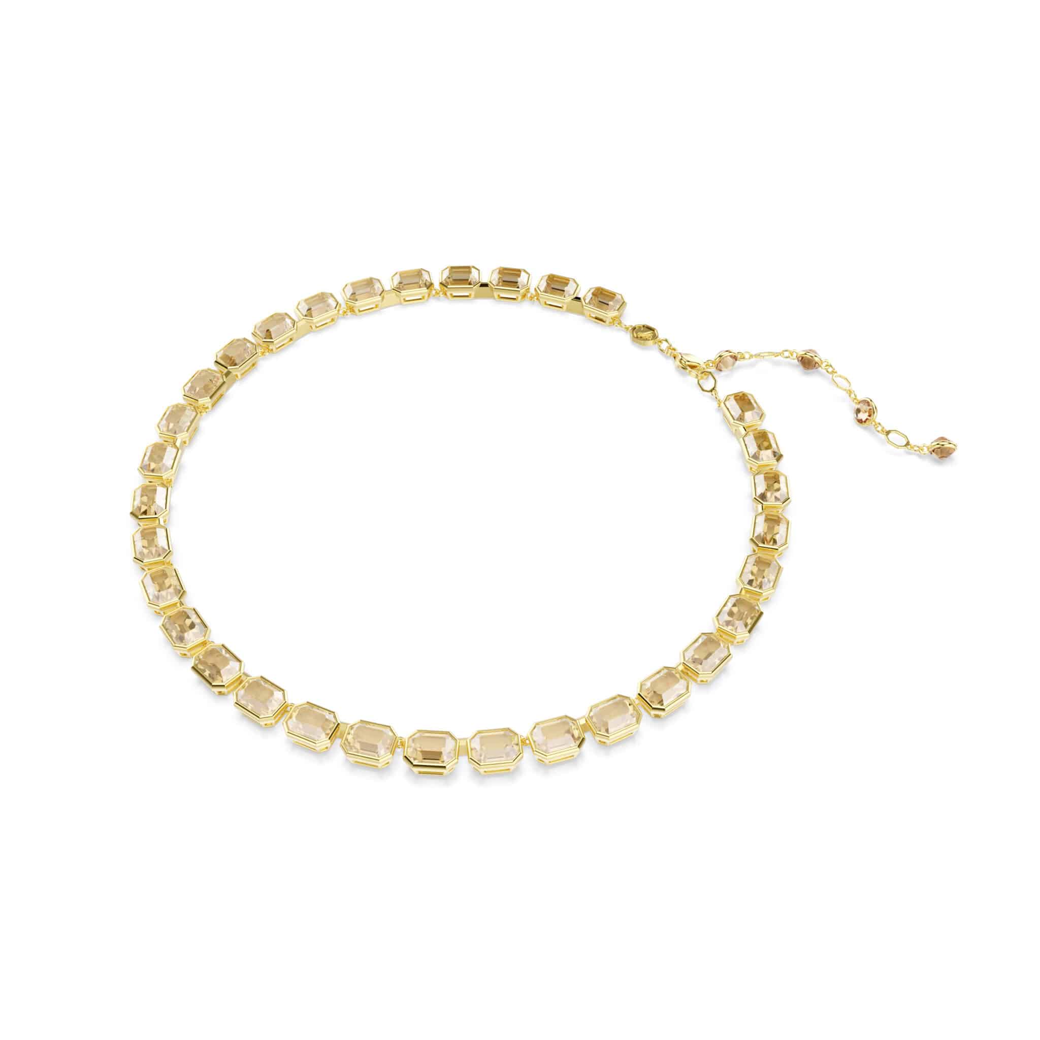 Swarovski Millenia tennis necklace with octagon cut yellow crystals in gold-tone plating, elegant jewelry piece.