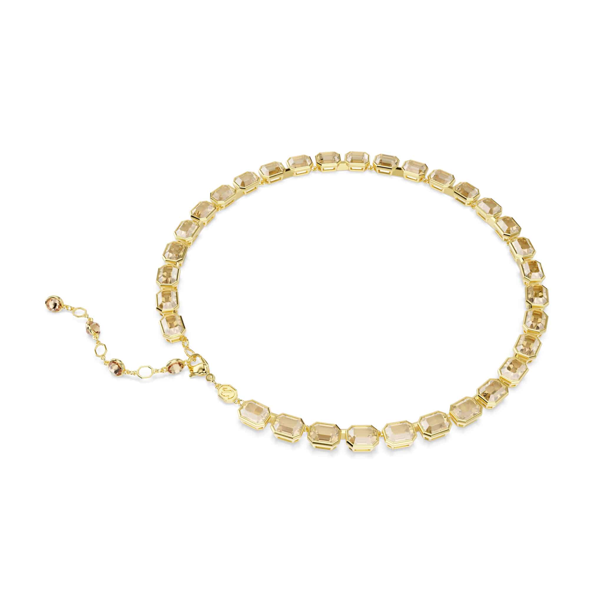 Swarovski Millenia tennis necklace with yellow gold-tone plating and octagon-cut crystals, elegant jewelry accessory.