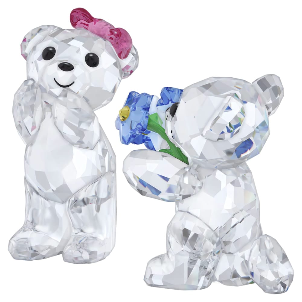 Swarovski Kris Bear figurine with "I adore You" inscription, crystal-clear sparkle, detailed small bear sculpture.