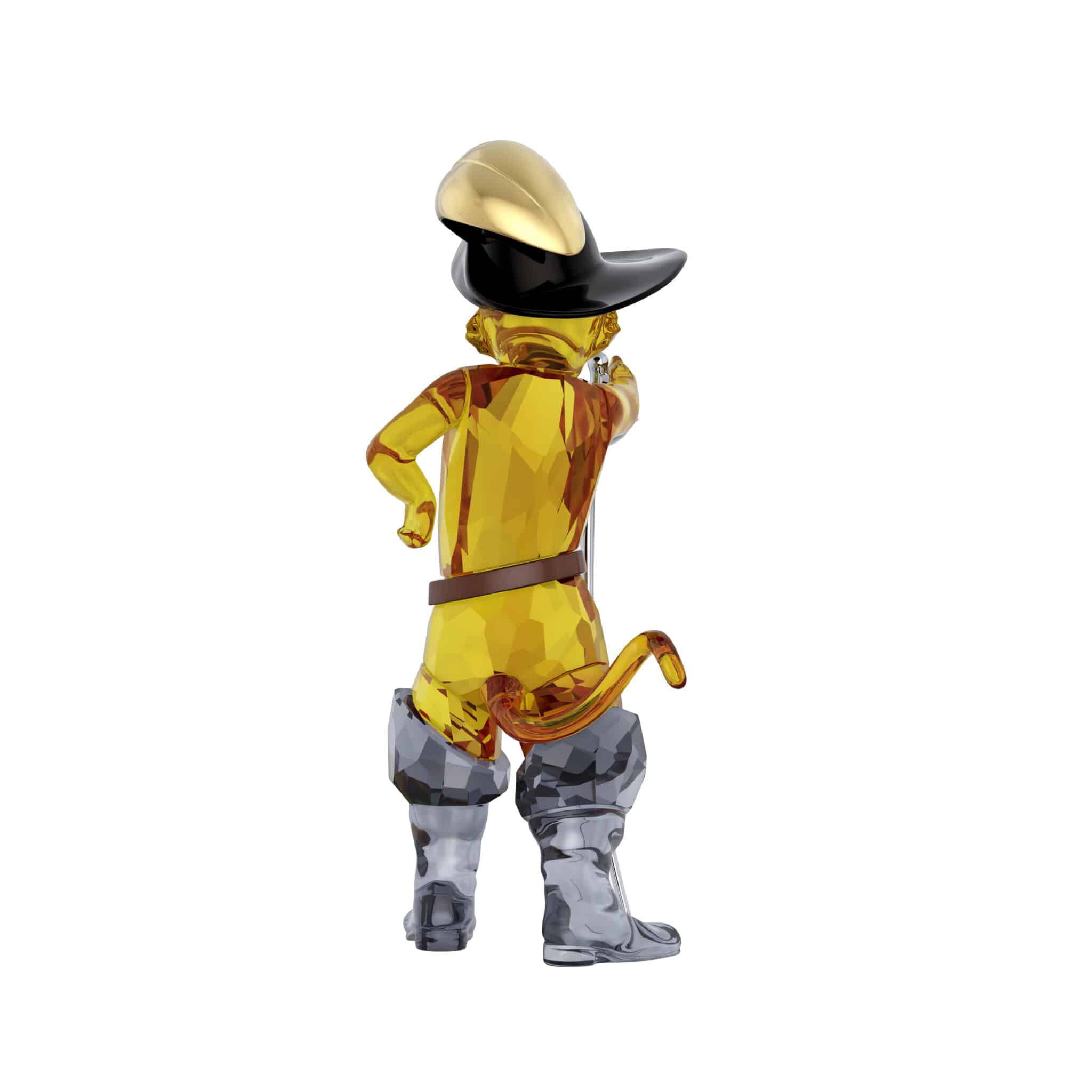 Swarovski Shrek Puss in Boots crystal figurine, detailed glass sculpture of the feline character from Shrek movie series.