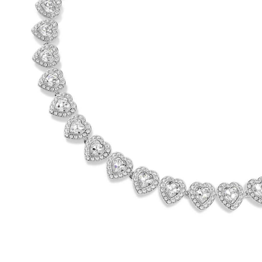 Swarovski Ariana Grande x tennis necklace with mixed cut white heart-shaped crystals and rhodium plating.