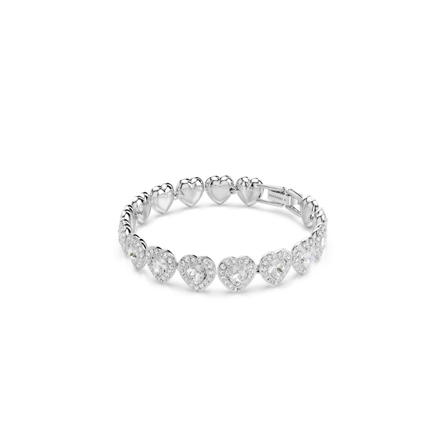 Swarovski Ariana Grande x Swarovski tennis bracelet with sparkling crystals and silver-tone chain, close-up view of the jewelry.