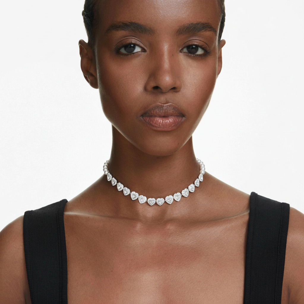 Swarovski Ariana Grande x Tennis Choker with mixed heart-shaped and round white crystals, rhodium-plated jewelry.