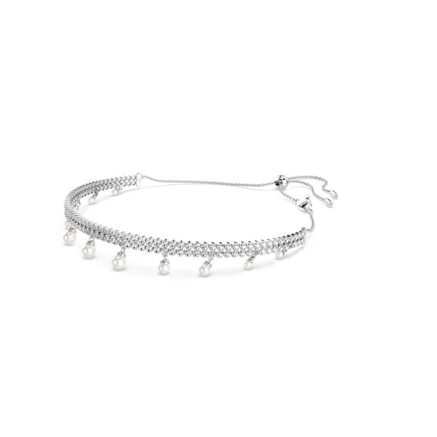 Swarovski Ariana Grande crystal pearl choker in white with rhodium plating, featuring sparkling crystal and pearl details.