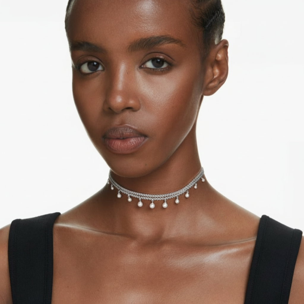 Swarovski Ariana Grande crystal pearl choker in white with rhodium plating, featuring sparkling crystal and pearl details.