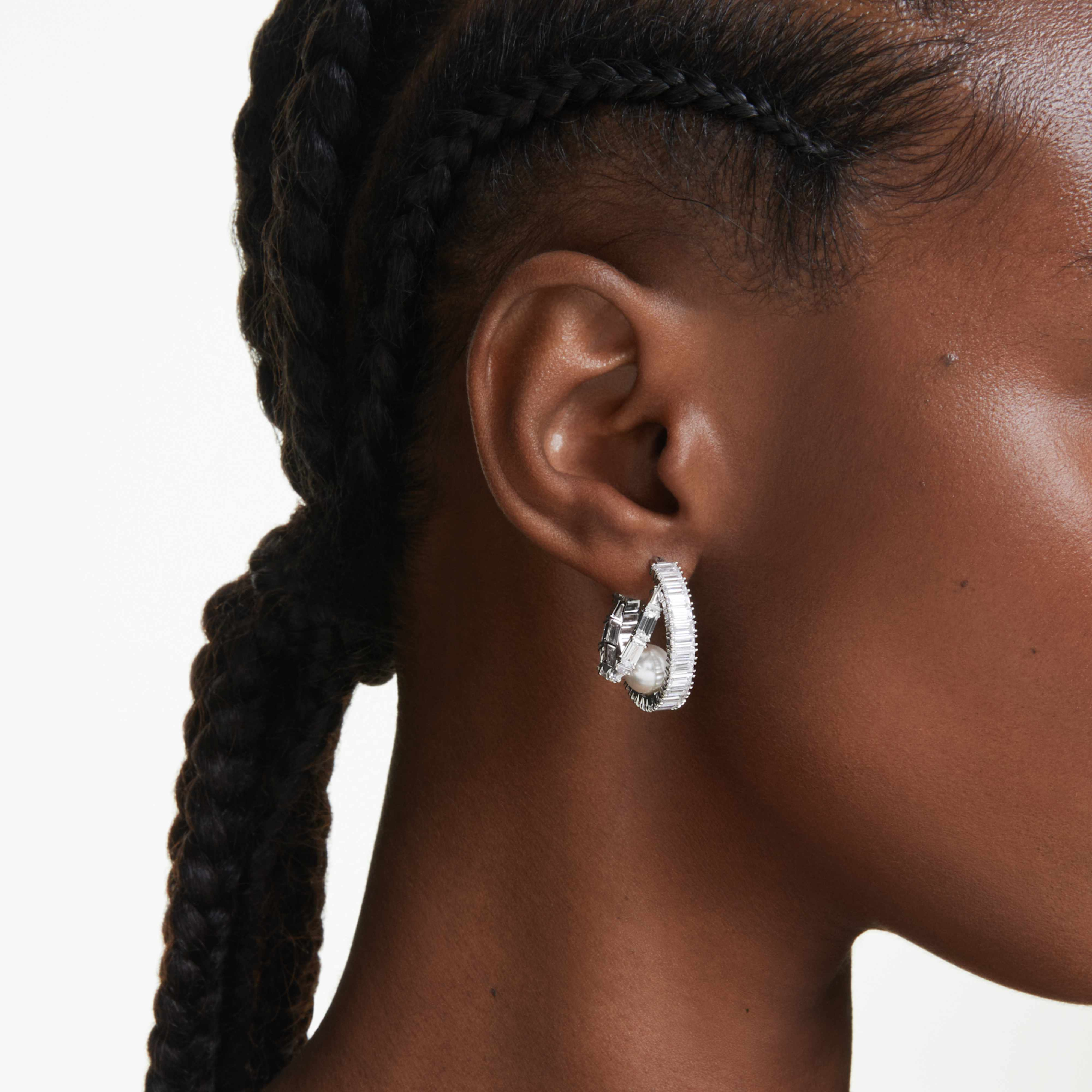 Swarovski Ariana Grande x Hoop Earrings with crystal pearls, baguette cut crystals, white color, rhodium plated jewelry