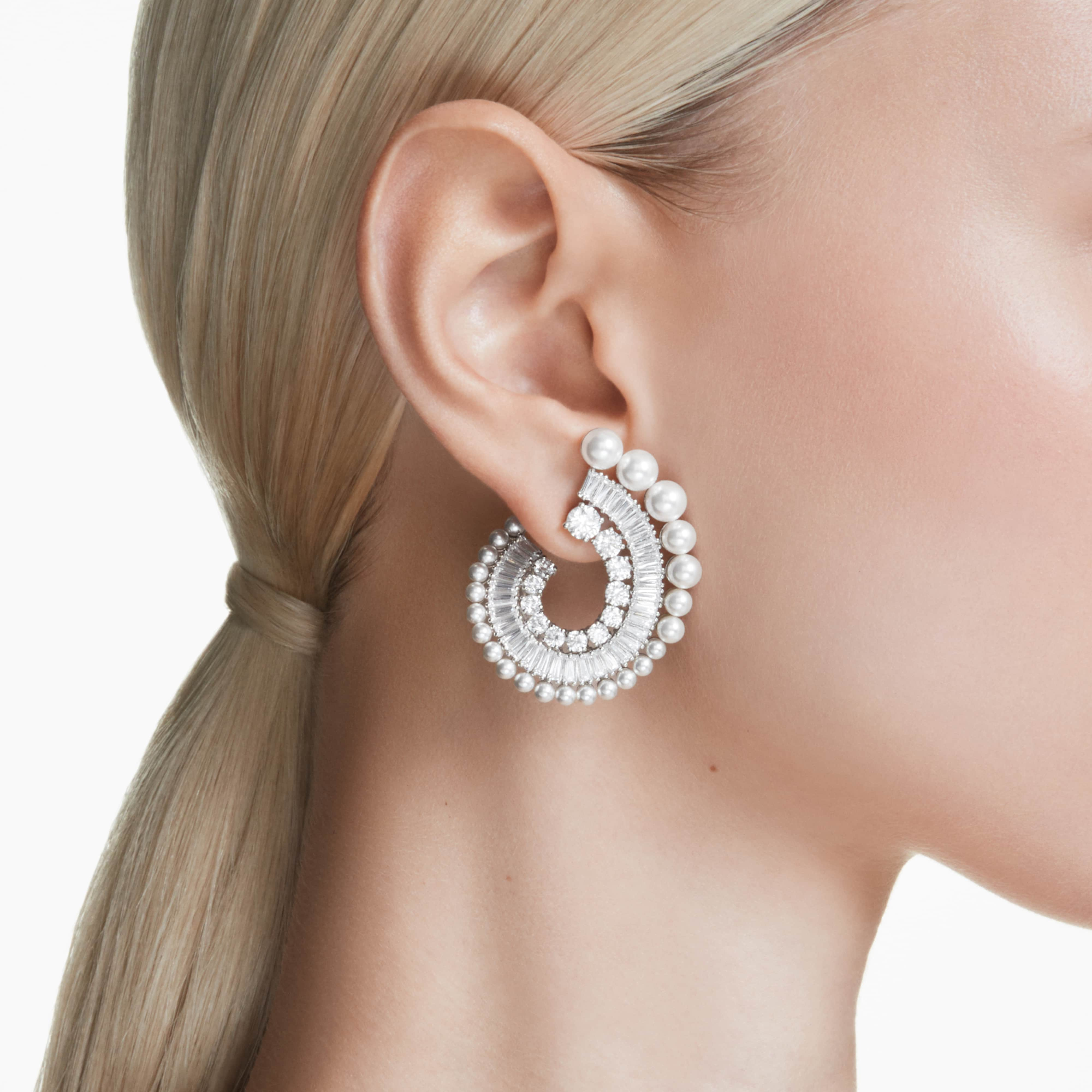 Swarovski Ariana Grande drop earrings with crystal pearl, mixed cuts, white crystals, rhodium plating, elegant jewelry design