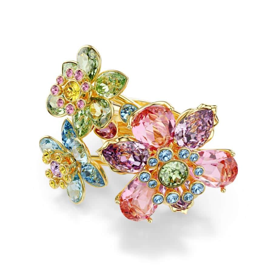 Swarovski Idyllia ring with multicolored mixed cut crystals in a floral design, gold-tone plated jewelry.