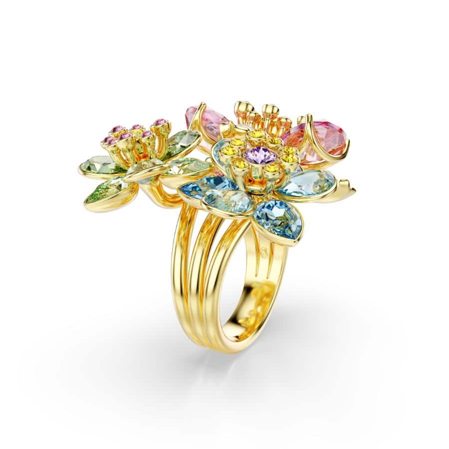 Swarovski Idyllia ring with multicolored mixed-cut gemstones in a floral design, gold-tone plated jewelry piece.