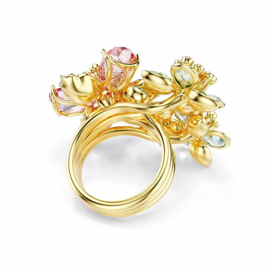 Swarovski Idyllia ring with multicolored mixed-cut crystals in a flower design, gold-tone plated jewelry accessory.