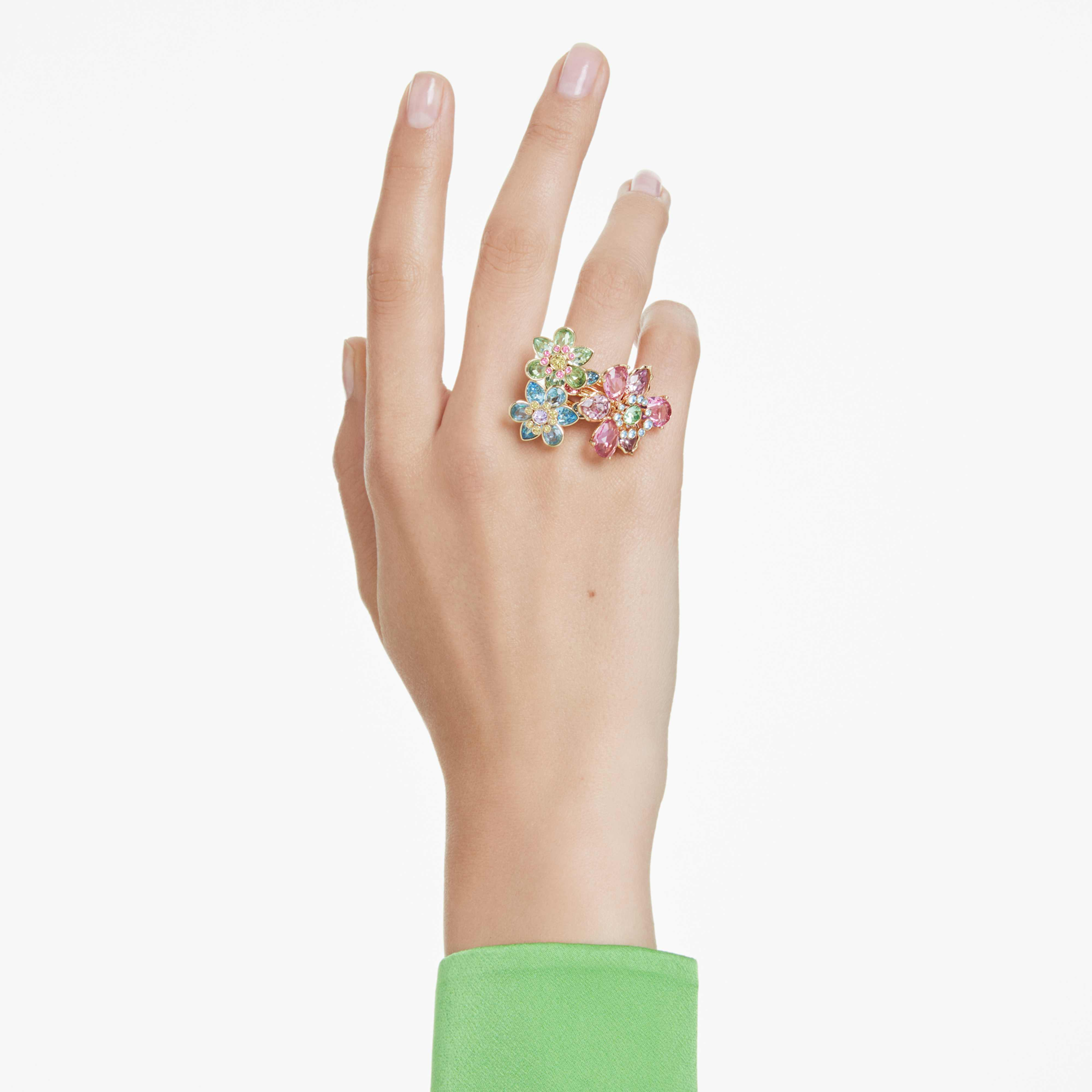 Swarovski Idyllia ring with multicolored mixed-cut stones arranged in a floral design, gold-tone plated jewelry piece