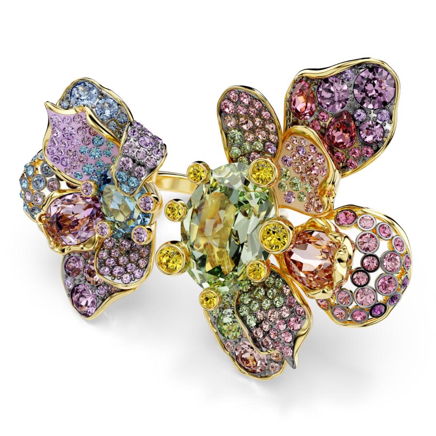 Swarovski Idyllia ring with mixed cuts, pavé flower design, multicolored stones, and mixed metal finish in close-up view.