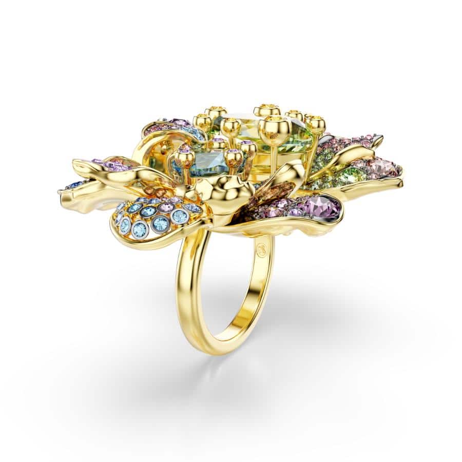 Swarovski Idyllia ring featuring mixed cuts, pavé design, flower shape, multicolored stones, and mixed metal finish.