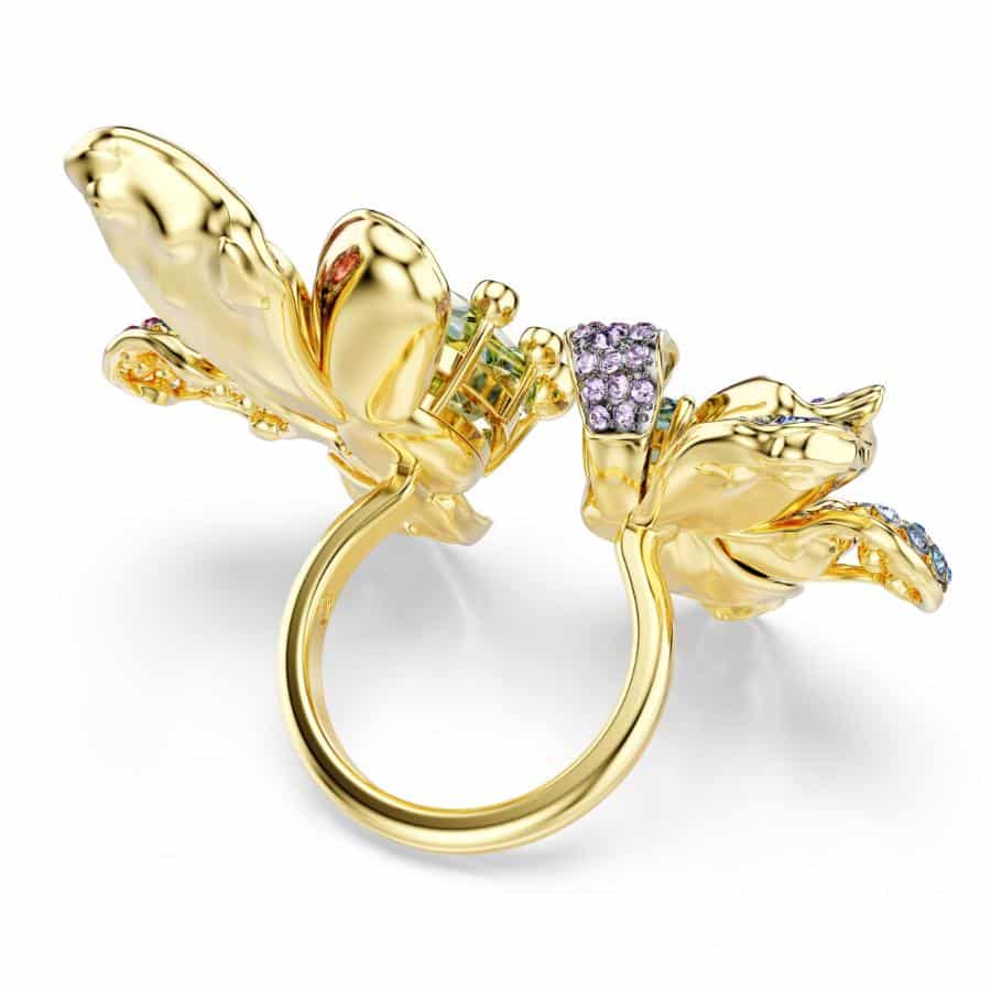 Swarovski Idyllia ring with multicolored mixed cuts, pavé design, floral motif, and mixed metal finish, showcasing sparkling gemstones.