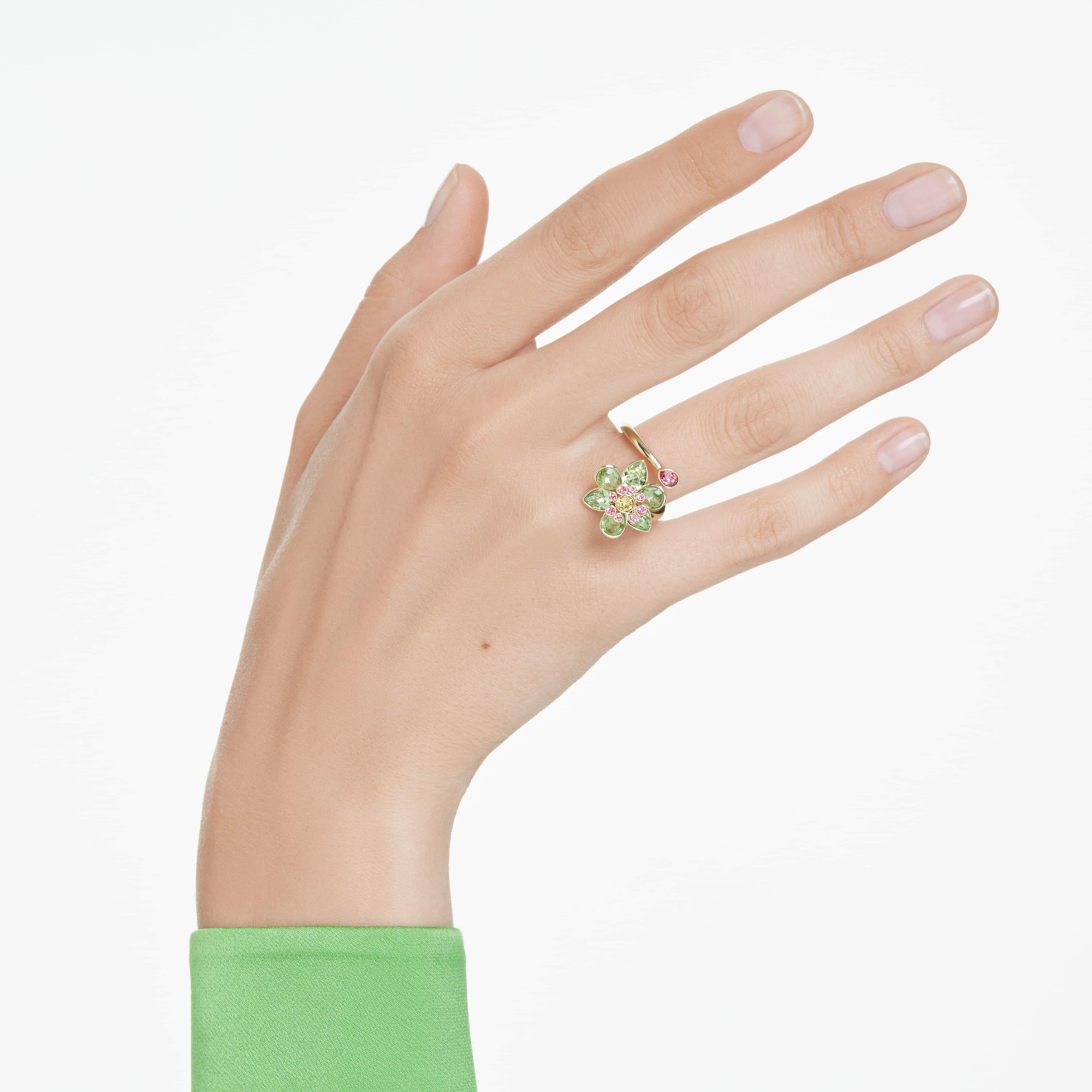 Swarovski Idyllia open ring with green mixed-cut stones in a floral design, gold-tone plated jewelry.