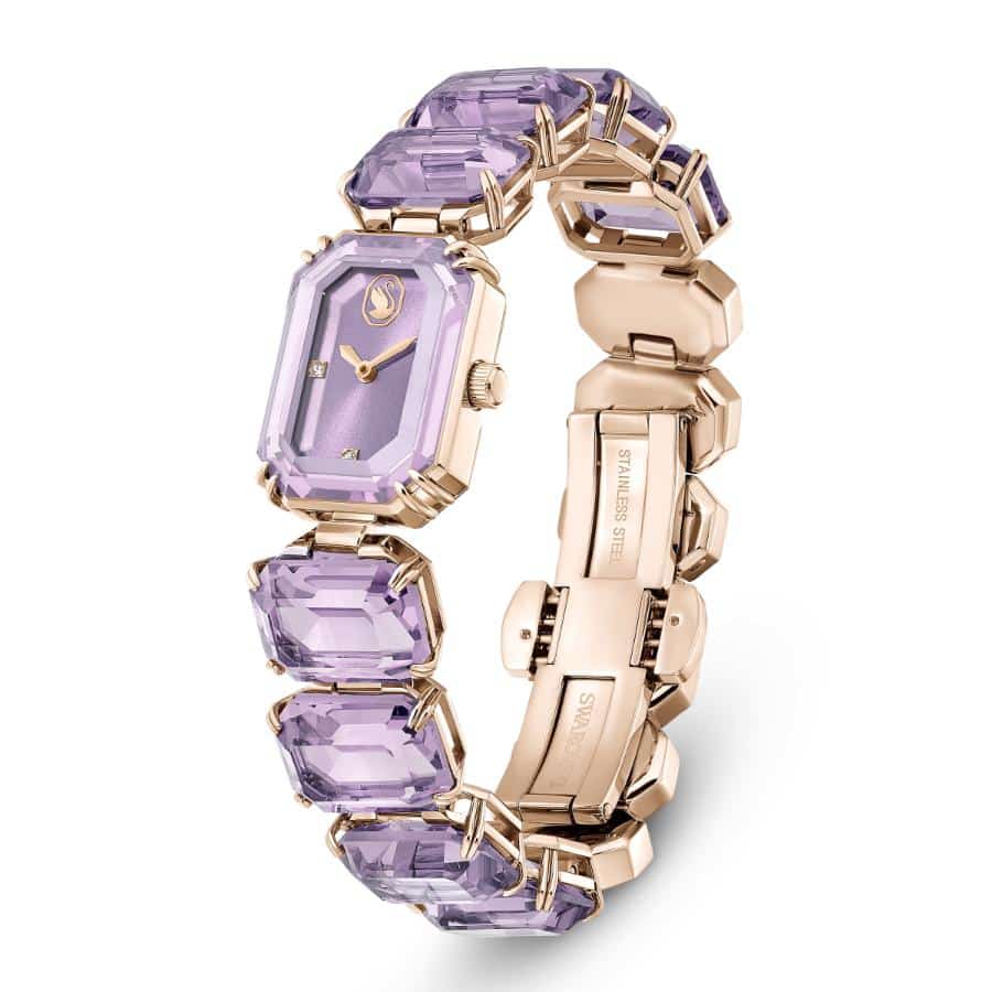 Swarovski purple octagon cut bracelet watch with champagne gold-tone finish and elegant design.