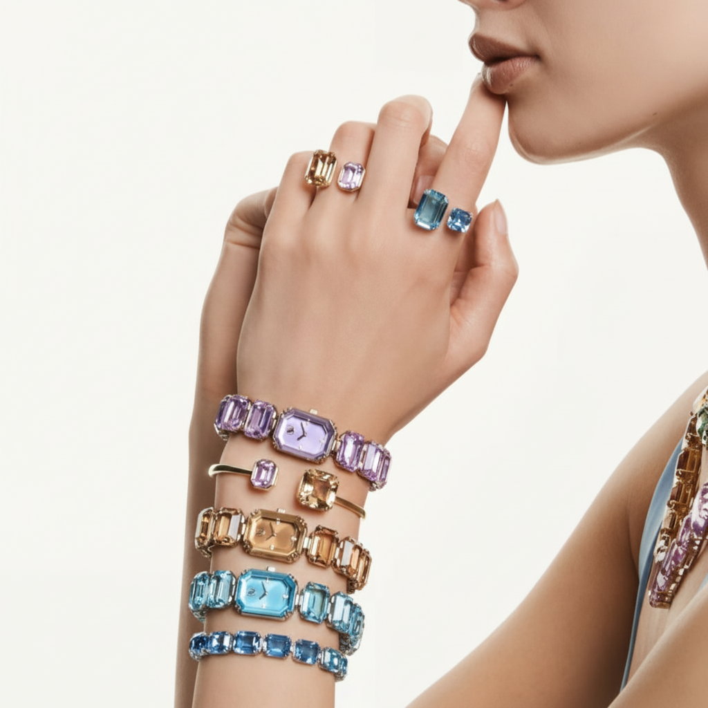 Swarovski watch with octagon cut bracelet in purple and champagne gold-tone finish, stylish and elegant accessory.