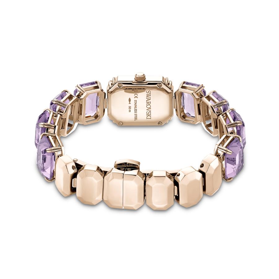 Swarovski purple octagon cut crystal bracelet watch with champagne gold-tone finish and elegant design.