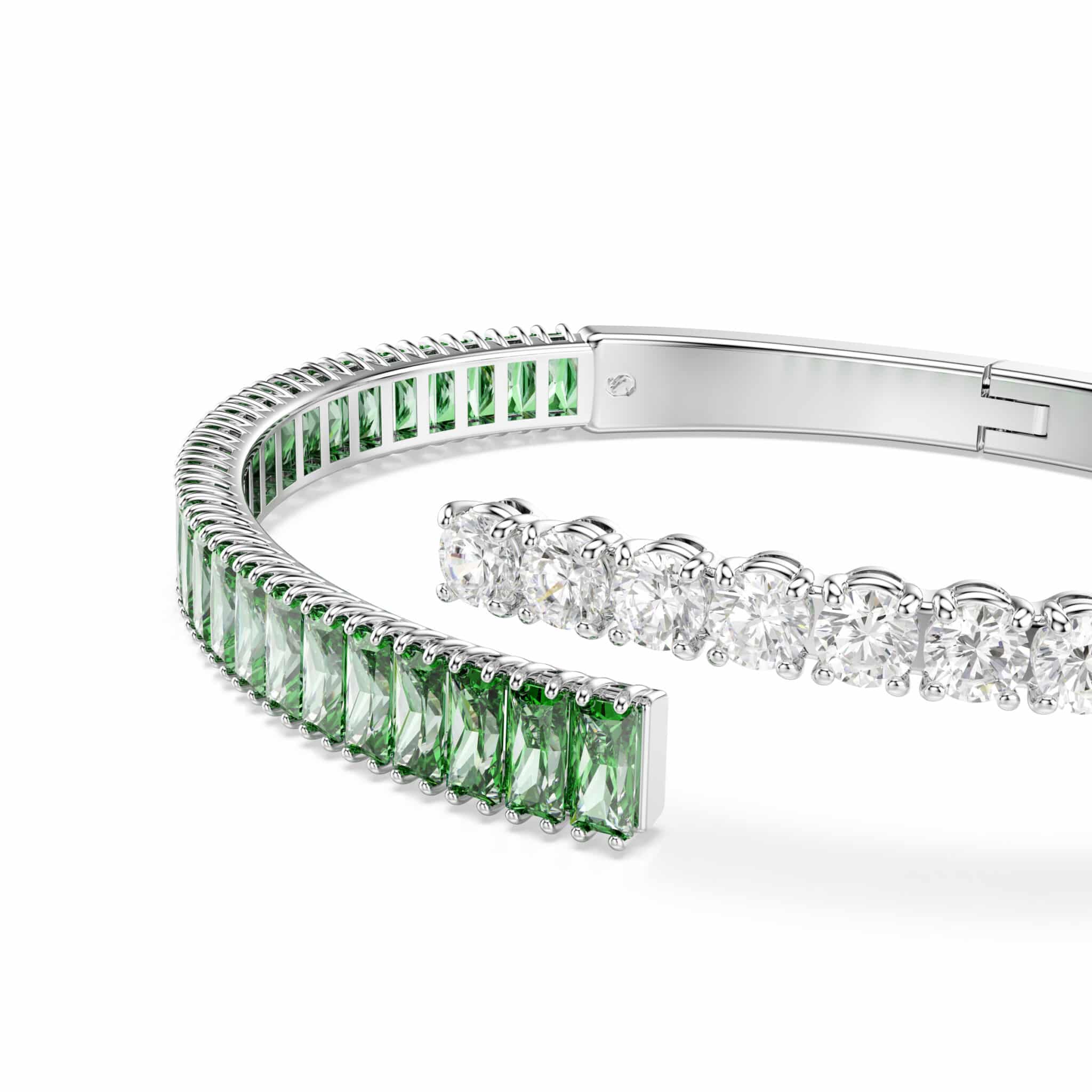 Swarovski Matrix Bangle featuring intricate crystal design and silver-tone metal, elegant jewelry accessory.