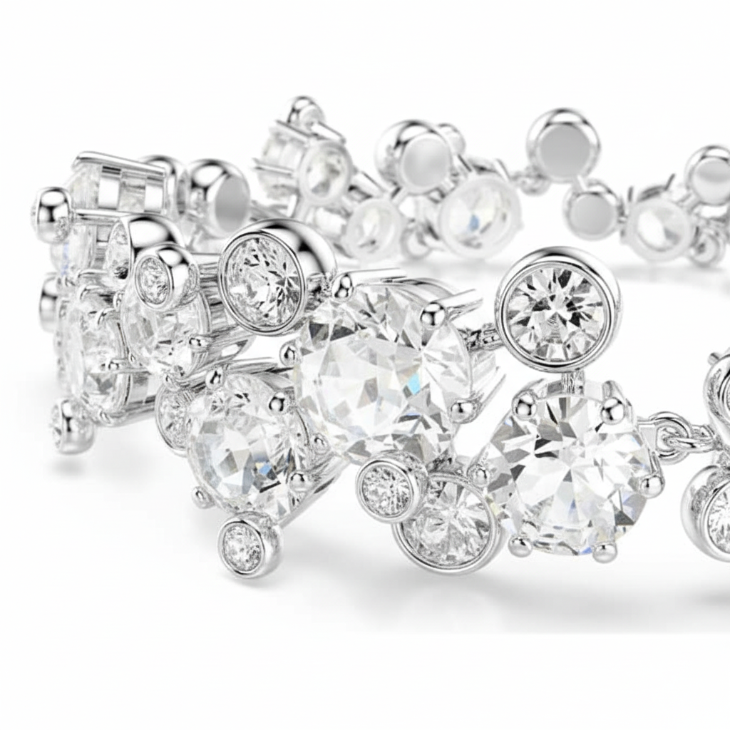 Swarovski Constella bracelet with mixed cut white crystals, rhodium plated, showcasing elegant sparkle and intricate design.