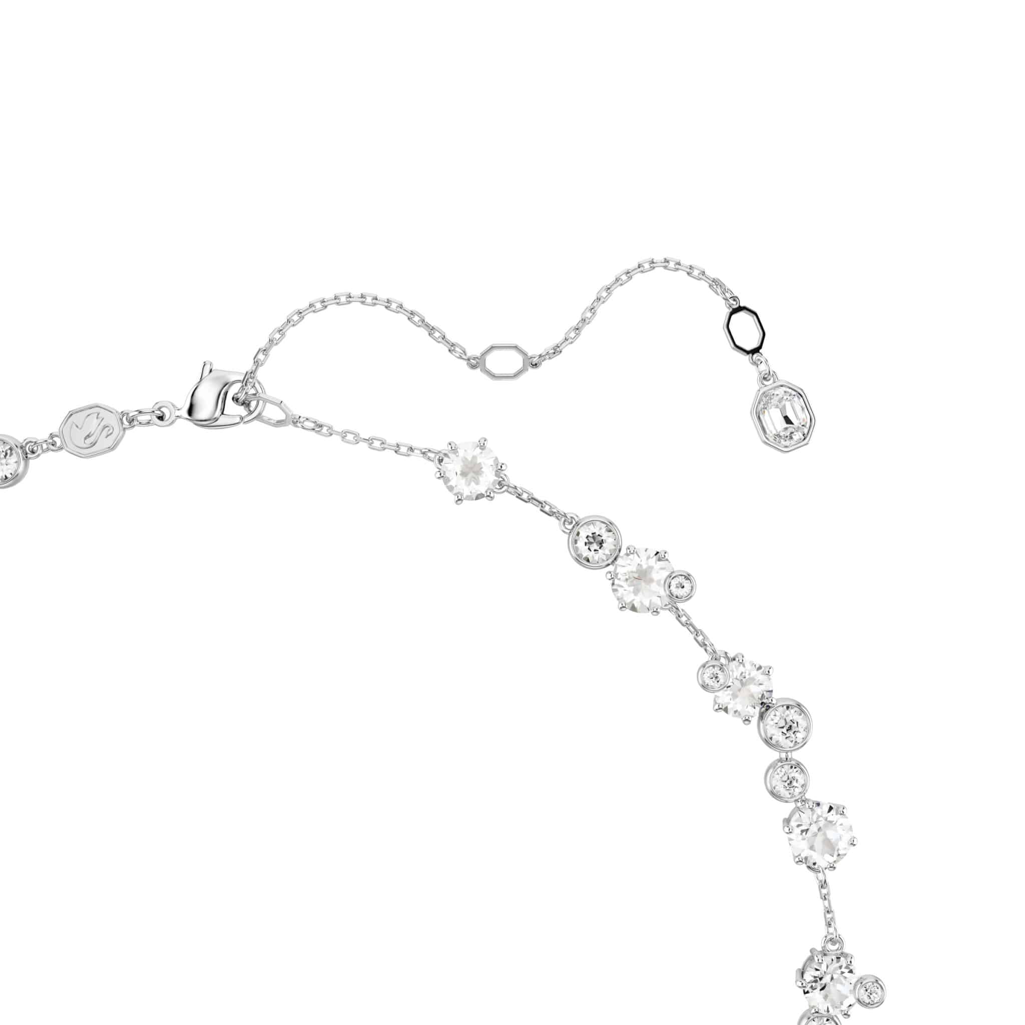 Swarovski Constella necklace with round white crystal pendant, rhodium plated jewelry, elegant and sparkling accessory.