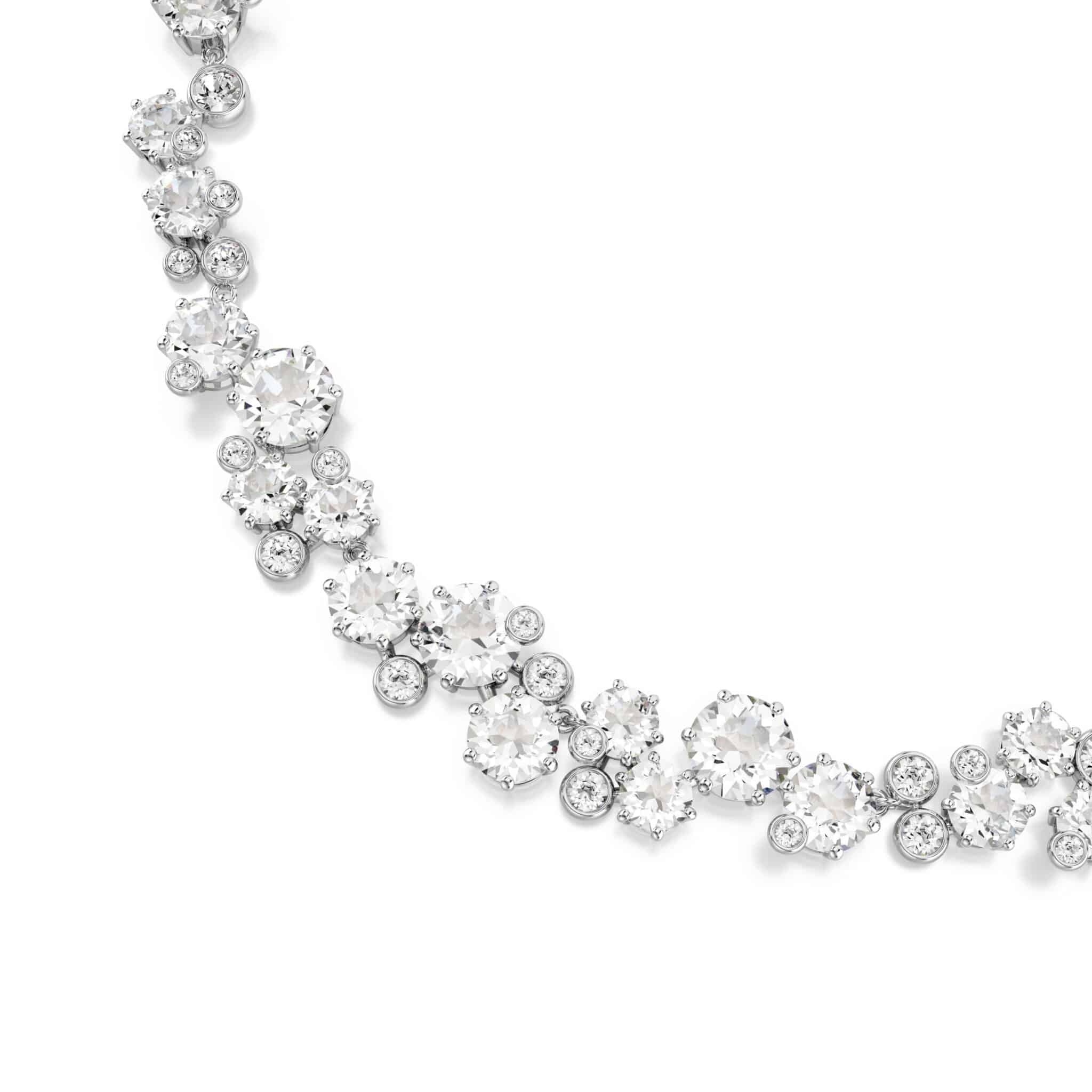 Swarovski Constella necklace with round white crystal, rhodium-plated chain and sparkling pendant on a white background.