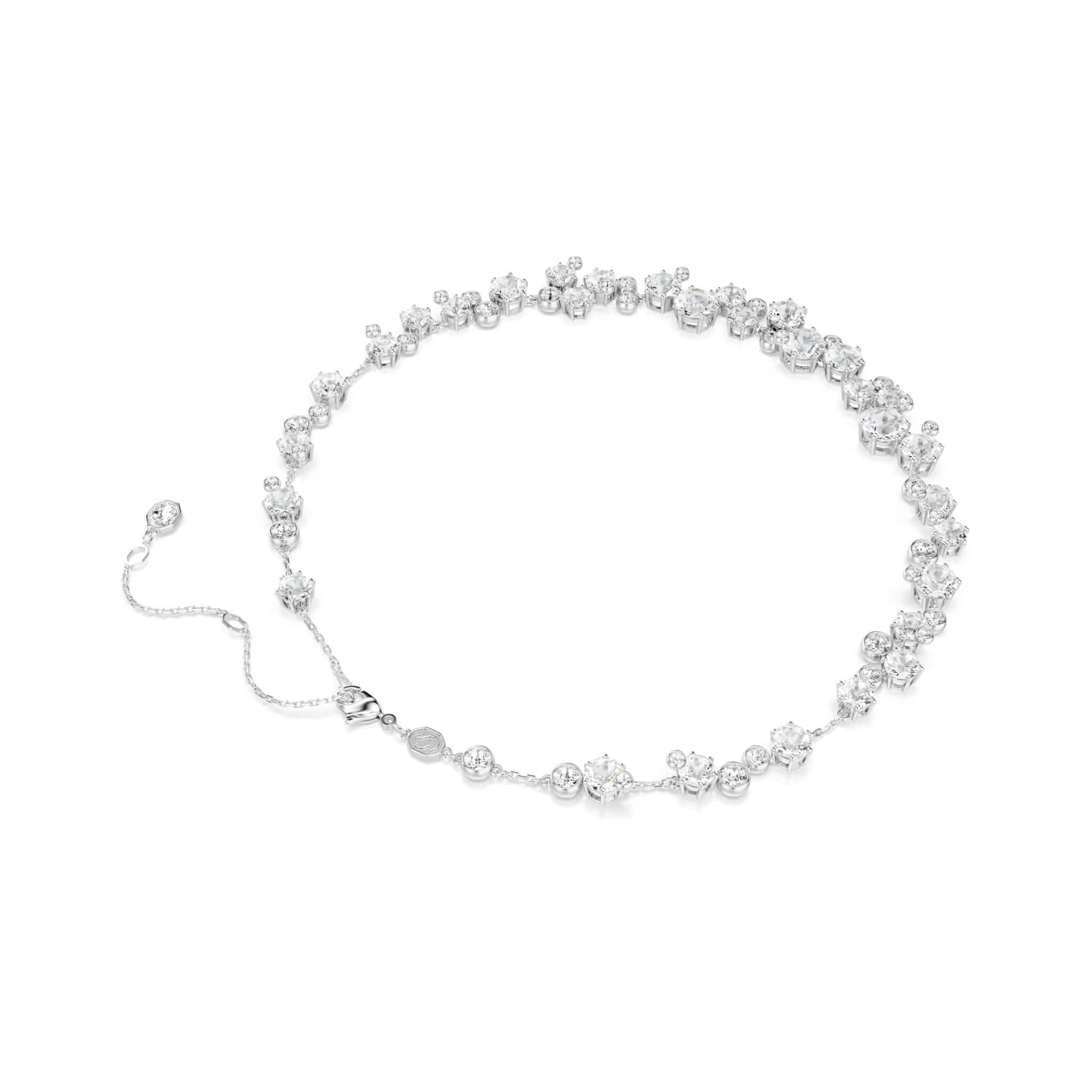 Swarovski Constella necklace with round white crystal, rhodium plating, featuring delicate chain and sparkling gemstone centerpiece.