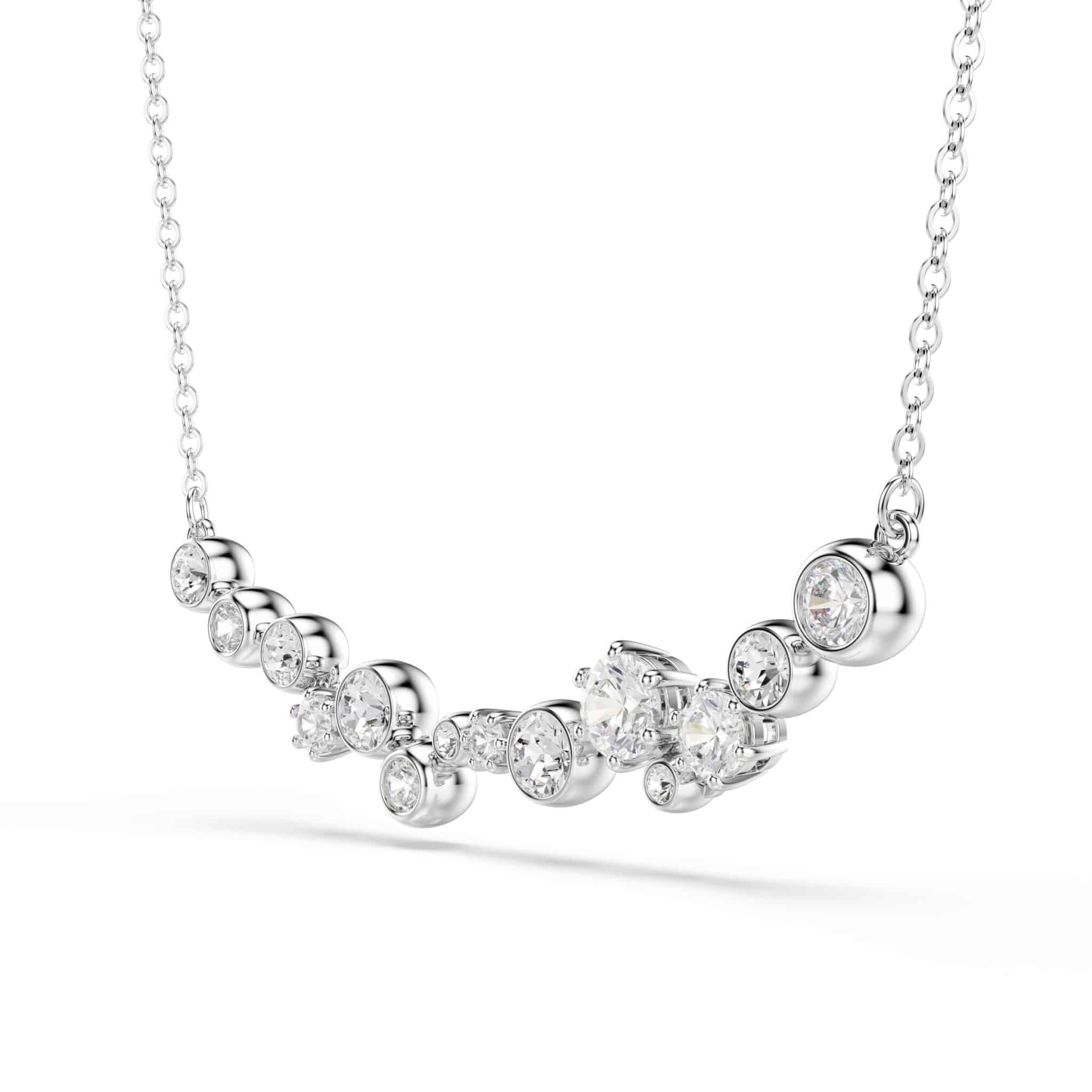 Swarovski Constella necklace with mixed cut white crystals and rhodium plating, elegant jewelry piece with sparkling design.
