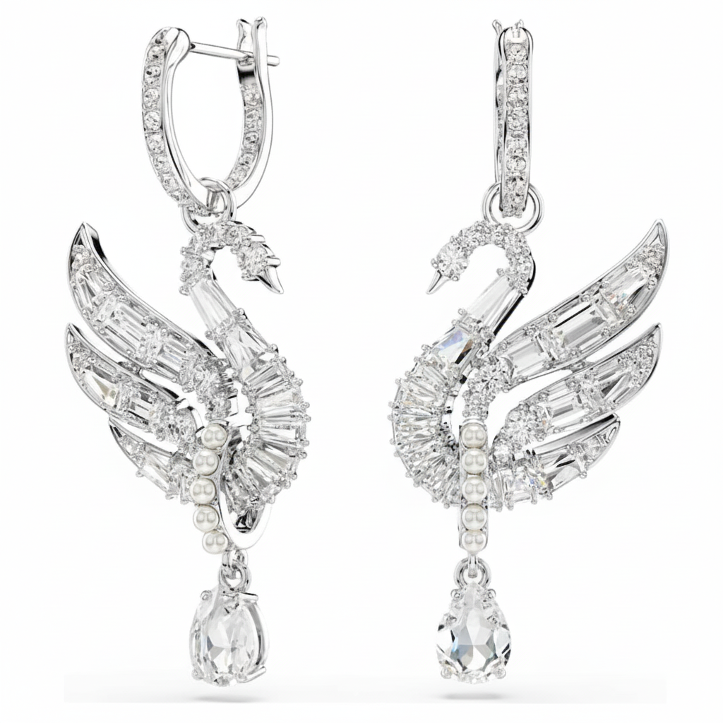 Swarovski Swan earrings in white with rhodium plating, featuring elegant swan-shaped design and sparkling crystal details.