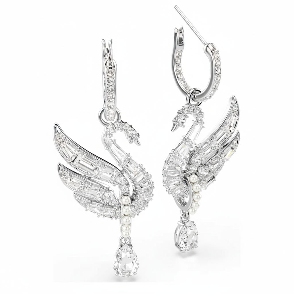 Swarovski Swan earrings in white with rhodium plating, featuring elegant swan-shaped design and sparkling crystal details.